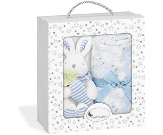 INTERBABY-SET PELUCHE +MANTA CONEJO ZANAHORIA AZUL